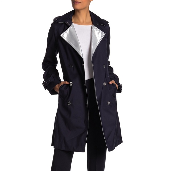 Elie Tahari Silver Lined Navy Trench Coat